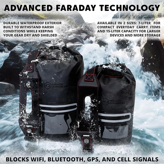 Mission Darkness Dry Shield Faraday Tote 15L // Waterproof Dry Bag for Electronic Device Security & Transport // Signal Blocking, Anti-Tracking, EMP & CME Shield, Data Privacy for Mobile Devices