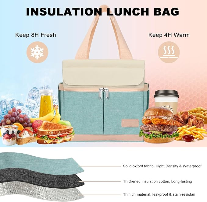 Joymee Lunch Box for Women Insulated Lunch Bag with Shoulder Strap Reusable Leakproof Large Spacious Lunch Cooler Tote for Women Adult with Bottle Holder and Side Pockets for Work - Heather Teal