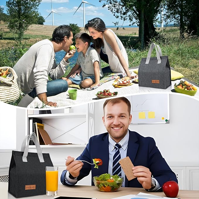 24 Pack Lunch Bags Bulk,Insulated Reusable Lunch Bags with Aluminum for Women Men,Leakproof Tote Large Lunch Box for Office,Work,Beach or Travel,Black