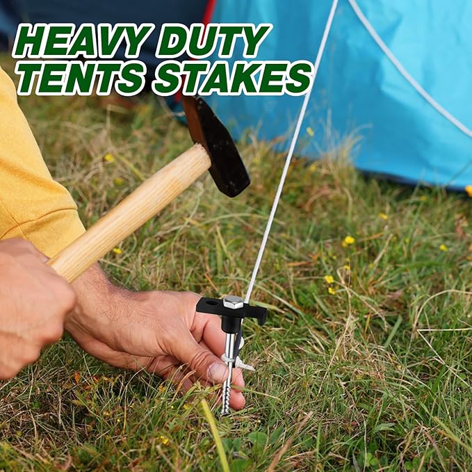 Tandefio 20 Pcs 8 Inch Screw in Tent Stakes Heavy Duty Drill in Ground Anchor Pegs Metal Stakes Screws Hex Pegs Drillable Camping Threaded Tent Spike with Hex Head Driver (Black)