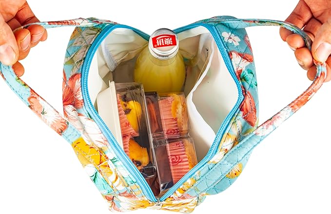 Machine Washable Women Quilted Fabric Insulated Reusable Cooler Lunch Bag Tote Adult Thermal Lunch Box Storage Bag for Ｗork (Floral)
