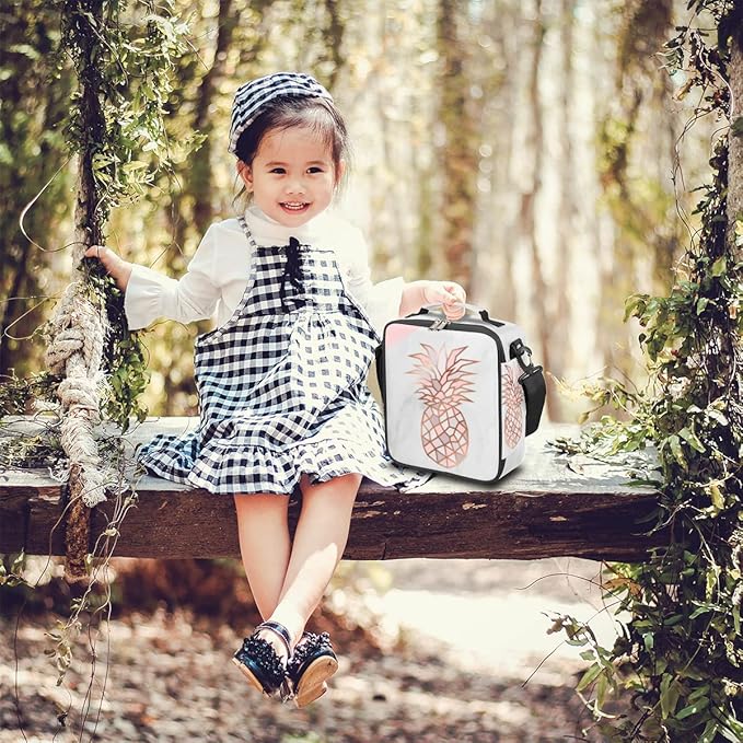 Marble Pineapple Kids Lunch Bag Pinks Pineapple Insulated Lunch Box for Girls Waterproof Lunch Bento Tote Bags Thermal Lunchbox School Lunchbox Insulated with Shoulder Strap