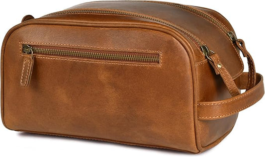 LEATHER VILLAGE Premium Leather Toiletry Travel Pouch With Waterproof Lining - Sun Tan | King-Size Handcrafted Vintage Dopp Kit Bag