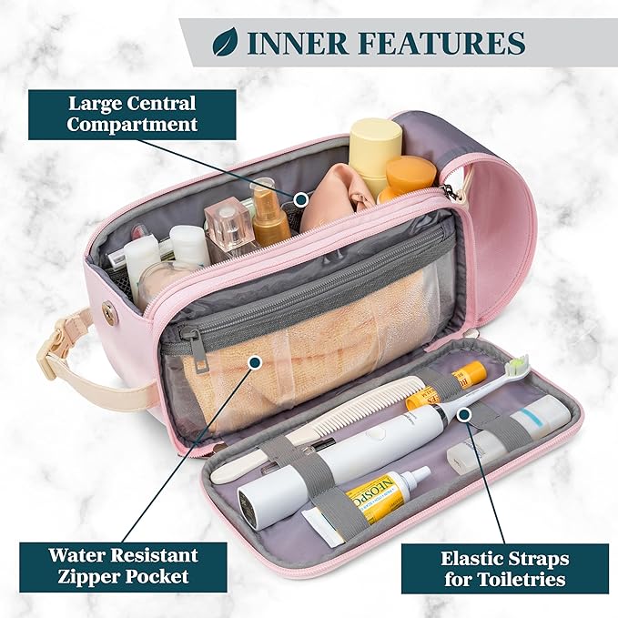 PAVILIA Toiletry Bag for Women, Canvas Travel Dopp Kit, Water Resistant Hygiene Bag Toiletries Organizer, Shaving Kit Travel Accessories Bag, Pink