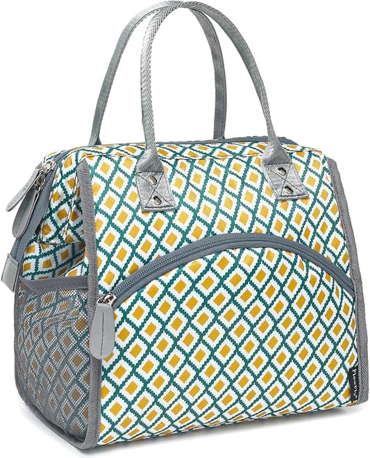 FlowFly Insulated Lunch Bag for Women, Men, Large and Reusable, Handle, Work and Travel Tote and Meal Prep Organizer, Square