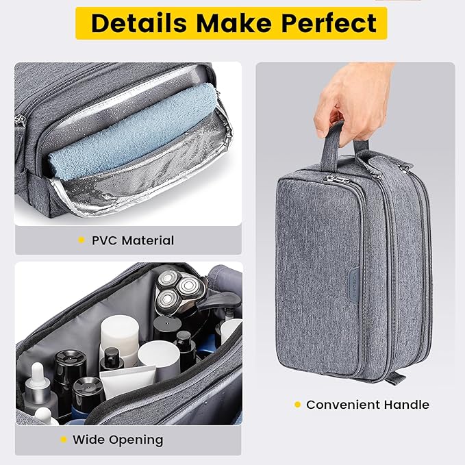 Vorspack Travel Toiletry Bag for Men - Large Mens Toiletry Travel Bag Water Resistant Dopp Kit Shaving Bag for Bathroom Toiletries Gifts - Grey