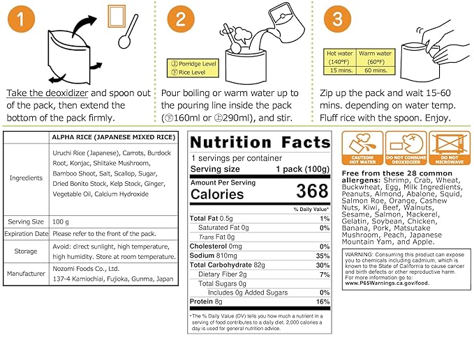Camping and Backpacking Food | Dehydrated Freeze-Dried Japanese Gomoku Mixed Rice | Emergency Food with 5-year Shelf Life | Made in Japan [5 pack]