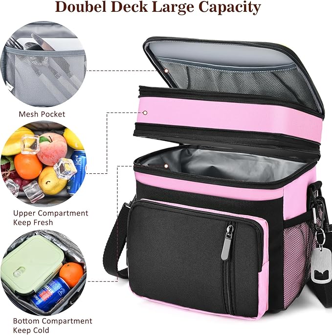 Lunch Bag Women & Lunch Box for Women, Large Insulated Adult Lunch Box, Leakproof Cooler Lunchbox with Bottle Opener for Work Picnic Beach, 16L, Pink