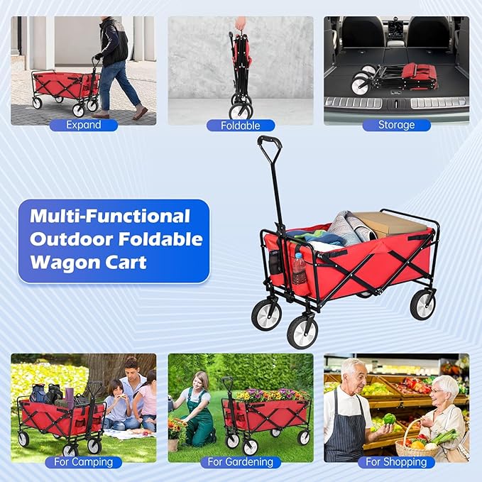 FDW 39''L Collapsible Wagon Cart, Heavy Duty Utility Folding Wagon for Outdoor Sports, 330 LBS Weight Capacity, Camping, Garden, and Shopping, Red
