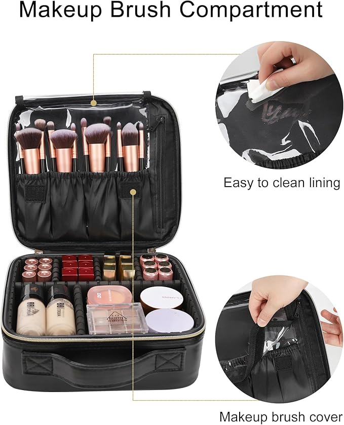 Relavel Makeup Bag, Travel Cosmetic Train Case Organizer Portable Artist Storage Bag with Adjustable Dividers for Cosmetics Makeup Brushes Toiletry Jewelry Digital Accessories Quilted Leather Black