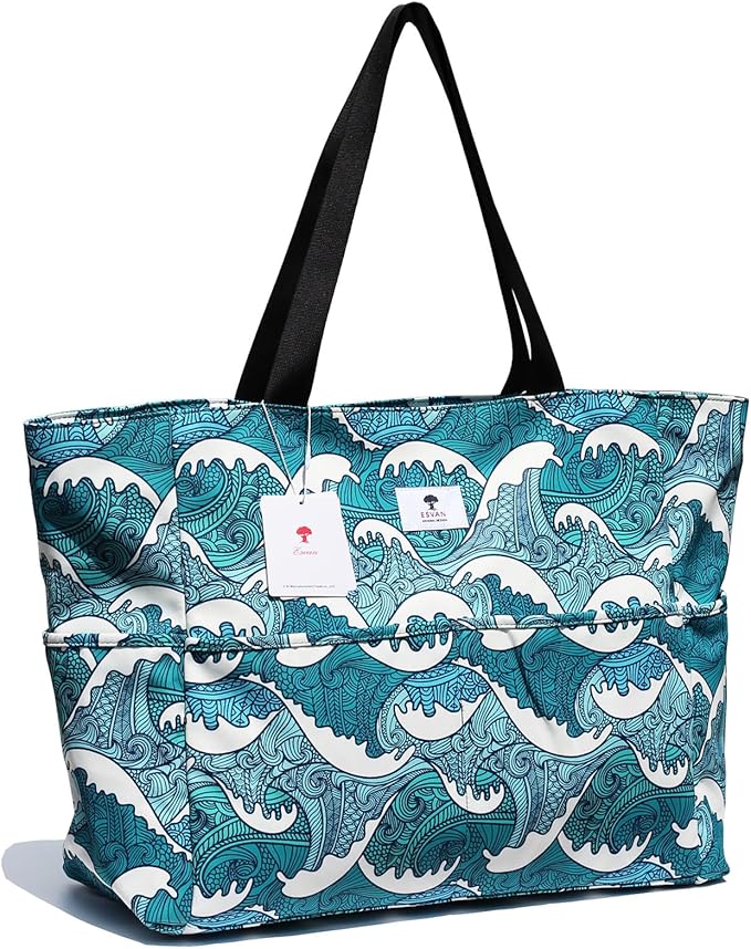 ESVAN Large Foldable Beach Bag for for Women with Dry Wet Compartment Waterproof Sandproof Travel Gym Picnic Handbag