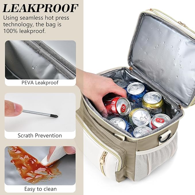 Lunch Box & Lunch Bag for Women Men, Large Insulated Adult Lunch Box Leakproof Lunchbox Cooler Bag for Work Picnic Beach,16L, Beige & White