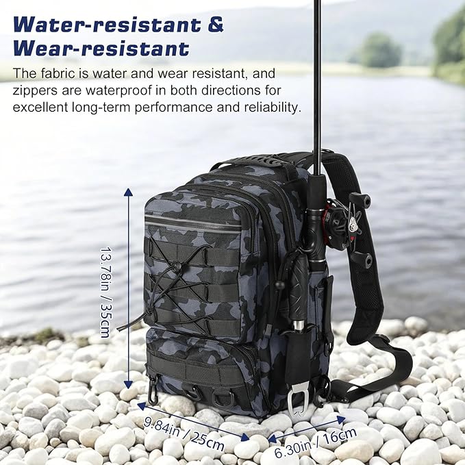 MoKo Fishing Backpack Sling Bag with Rod & Gear Holder, Nylon Waterproof Fishing Tackle Storage Bag for Fishing
