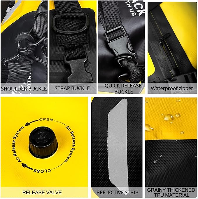 Waterproof Duffel Bag for Men/Women, Roll-top Dry Backpack Duffel Bag with Quick-fixed Straps, Motorcycle Tail Saddle Bag for Motorcycling, Rafting, Boating, Kayaking, Travel, 80L-Yellow