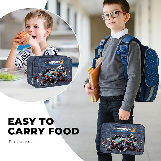 Clastyle 3D Insulated Kids Lunch Bag Large Thermal Cooler Bag for Boy Picnic School Lunch Box Tote,Monster Truck