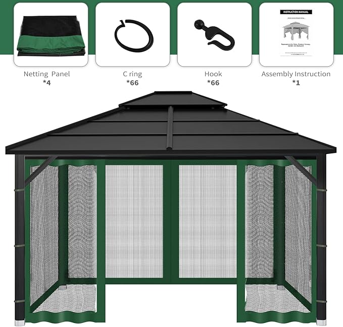 Gazebo Replacement Mosquito Netting Outdoor Universal Gazebo Canopy 4-Panels Screen Sidewalls with Zipper for Patio Garden (Green, 10x12)