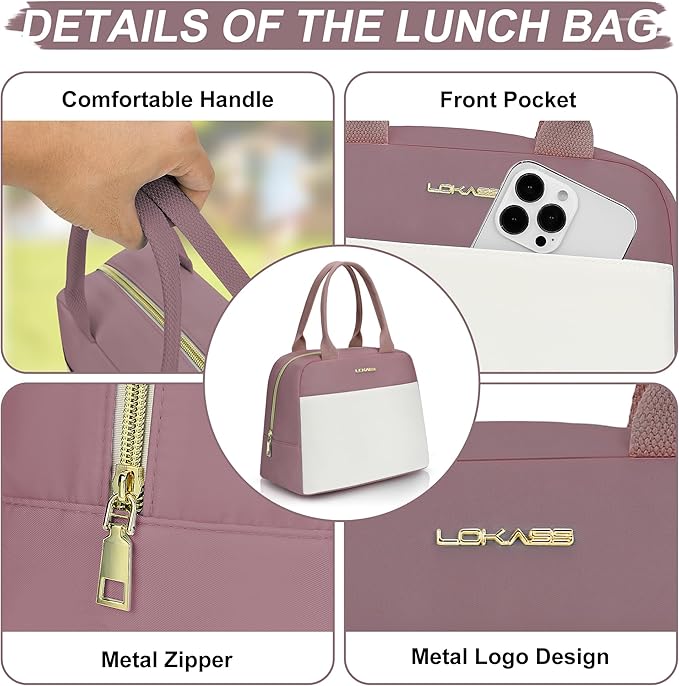LOKASS Lunch Bag for Women-Insulated Adults Lunch Box with Front Pocket- Small Cute Lunch Tote for Work-Reusable Cooler Bag for Office Picnic Beach or Travel (Pink Purple)