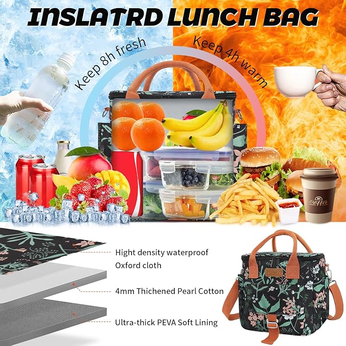 Joymee Large Insulated Lunch Bag for Women Adults, Reusable Waterproof Lunch Box for Work Picnic Camping, Small Lunch Cooler Leakproof Tote with Side Pocket Adjustable Shoulder Strap - Green Leaf