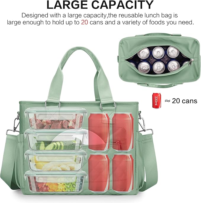 16L Lunch Bag for Women, Large Lunch Box Women for Work, Lunch Tote Bag for Adults, Green