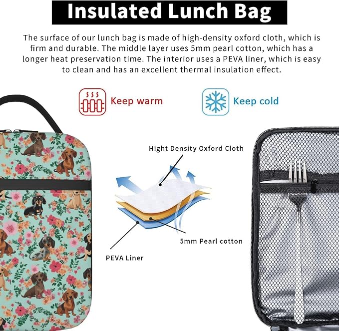 Dog Flower Lunch Bag Insulated Reusable Lunch Box Thermal Cooler Tote For Men Women Work Travel Picnic Hiking