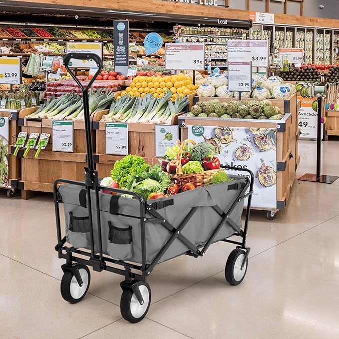 FDW 39''L Collapsible Wagon Cart, Heavy Duty Utility Folding Wagon for Outdoor Sports, 330 LBS Weight Capacity, Camping, Garden, and Shopping, Grey