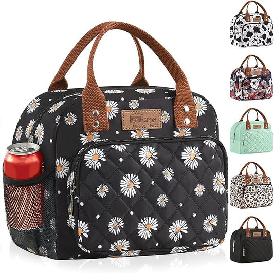 Buringer HOMESPON Lunch Bag for Woman Man Adults with Front Pocket Insulated Lunch Tote Lunch Box Container for Work Picnic or Travel（Daisy with Side Pockets）