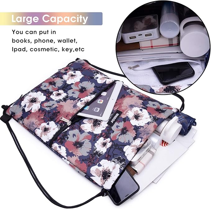 WANDF Drawstring Backpack String Bag Sackpack Cinch Water Resistant Nylon for Gym Shopping Sport Yoga (Blue Flower)