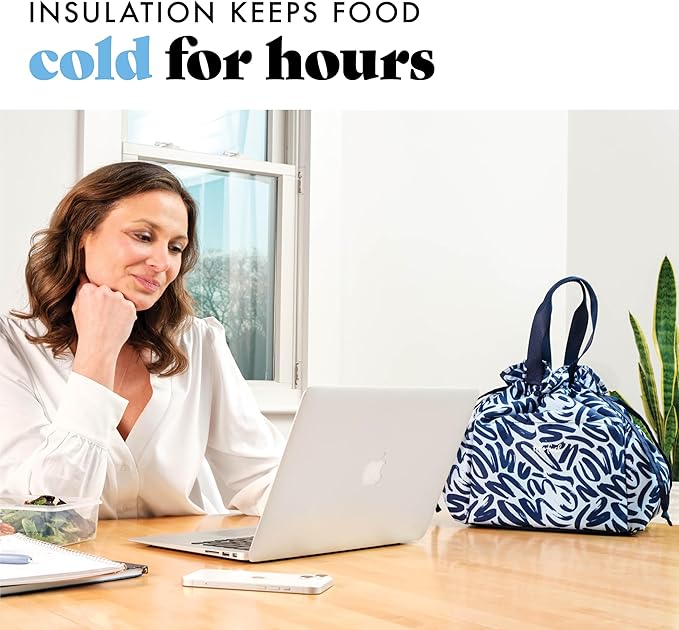 Fit & Fresh Lunch Bag For Women, Insulated Womens Lunch Bag For Work, Stain-Resistant Large Lunch Box For Women With Containers, Cinch Closure Cromwell Bag Navy Brush Strokes