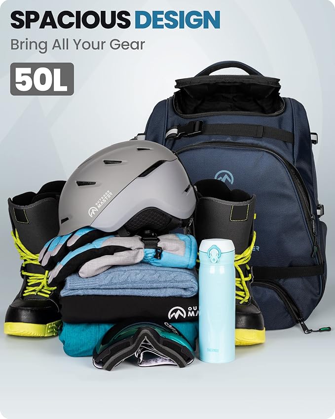 OutdoorMaster Ski Boot Bag, 50L Waterproof Snowboard Bag for Air Travel, Travel Boot Backpack for Ski Helmet, Goggles, Gloves, Skis, Snowboard & Accessories, for Men, Women and Youth - Blue