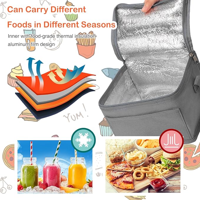 Amyhill Gray Insulated Lunch Bag, 8.27 x 6.3 x 5.51 inches, PEVA Foil Lining, Stain Resistant, Reusable, Portable, Lightweight, Spacious, Easy to Clean, Suitable for Office, Picnic