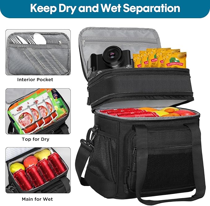 GLENKEY Double Deck Insulated Lunch Box, Expandable Large Lunch Bag Leakproof Cooler Bag Lunch Pail for Men Women Adults Work Shifts Travel Daytrip, Black