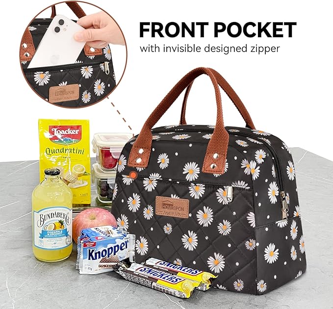 HOMESPON Insulated Lunch Bag for Women Men Adults Lunch Tote with Front Pocket Lunch Box Container Cooler Bag for Work Picnic (Black Daisy)