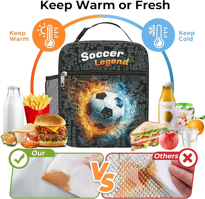 Clastyle 3D Insulated Kids Lunch Bag Large Thermal Cooler Bag for Boy Picnic School Lunch Box Tote,Fire Football