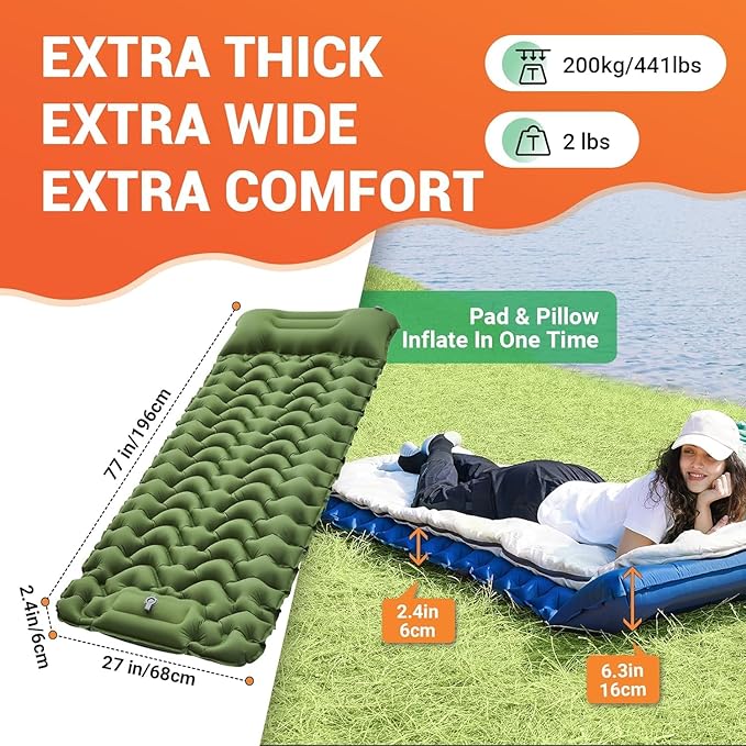 KingCamp Sleeping Pad for Camping, Inflatable Sleeping Pad Ultralight Connectable Camping Mattress with Pillow Built-in Foot Pump for Backpacking Hiking Tent Cot