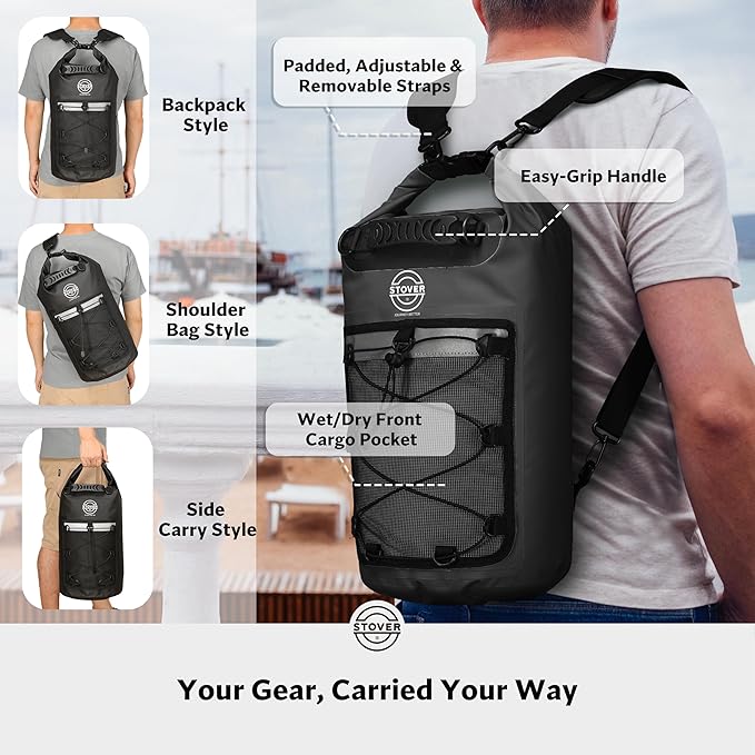 STOVER 5/10/25/30/40/55L Waterproof Dry Backpack- Medium Floating Dry Bag for Kayaking, Travel, Tubing, Hiking, Fishing, Camping, Motorcycles & Beach, Heavy-Duty Roll Top Men/Women (Black)