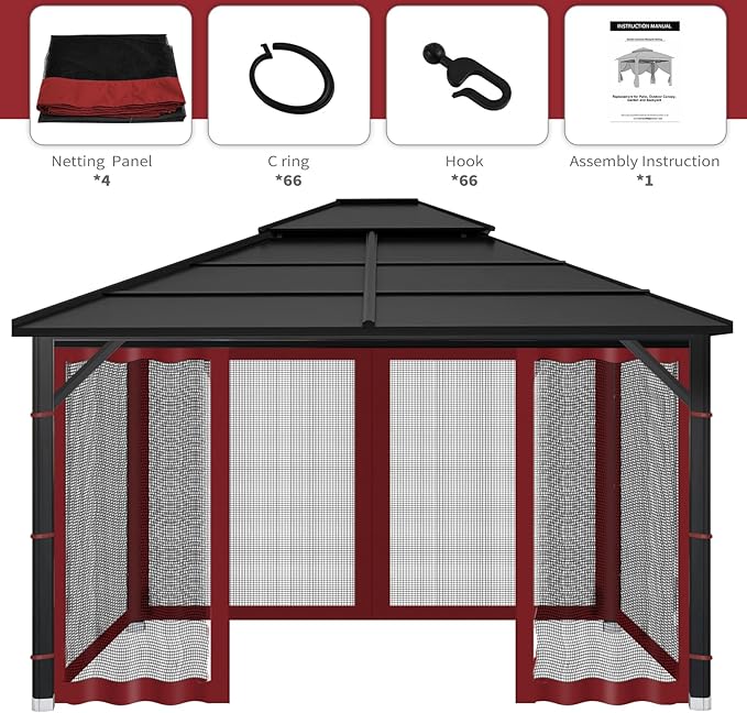 Gazebo Replacement Mosquito Netting Outdoor Universal Gazebo Canopy 4-Panels Screen Sidewalls with Zipper for Patio Garden (Red, 10x10)