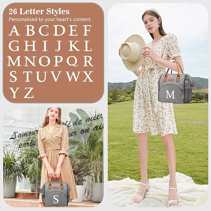 Initial Lunch Bag Women Insulated Lunch Box Wide-Open Tote Bag Large Drinks Holder Durable Nylon Thermal Snacks Organizer for Work, Travel, Picnic Personalized Gifts for Women/Teacher