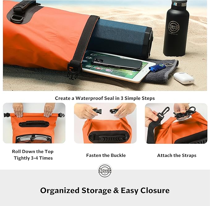 STOVER 5/10/25/30/40/55L Waterproof Dry Backpack- Medium Floating Dry Bag for Kayaking, Travel, Tubing, Hiking, Fishing, Camping, Motorcycles & the Beach, Heavy-Duty Roll Top Men/Women (Orange)