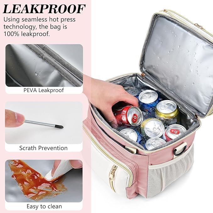 Lunch Box & Lunch Bag for Women, Large Insulated Adult Lunch Box Leakproof Lunchbox Cooler Bag for Work Picnic Beach,16L, Light Pink & White