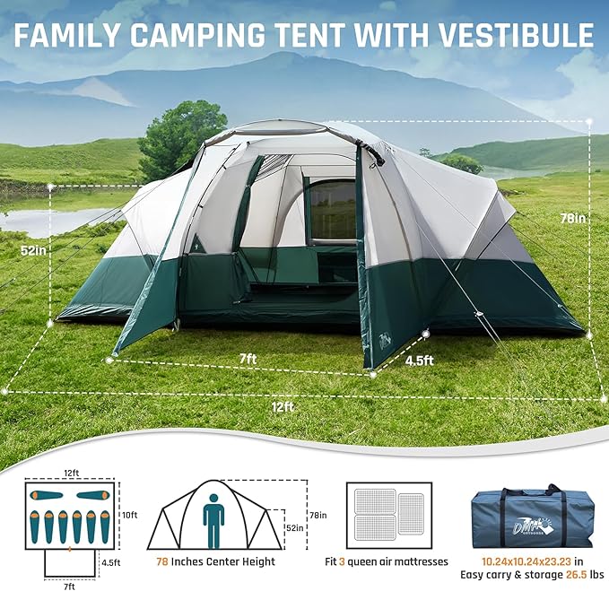 8/10/11 Person Camping Tent with Porch, Large Family Tents for Outdoor Camping, Big Dome Tent Includes Rainfly, Reflective Windproof Rope, Large Vestibule
