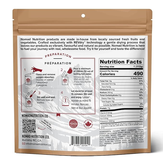 Nomad Nutrition Ukrainian Borscht | Instant Freeze Dried Backpacking & Camping Food | Plant-Based, Non-GMO Hiking Meals with High-Energy, Vegan, Gluten-Free | 112g - 1 Pack