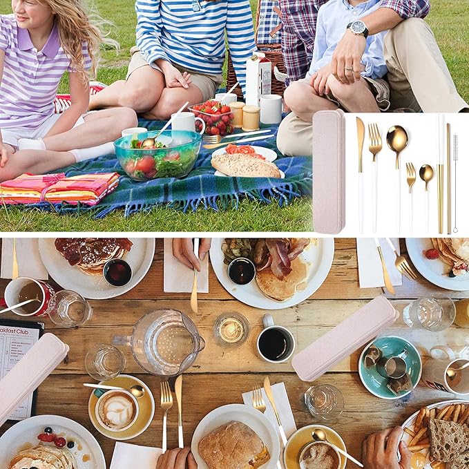 AARAINBOW 8 Pieces Stainless Steel Flatware Set Portable Reusable Cutlery Set Travel Utensils Set Including Chopsticks Knife Fork Spoon Straws Cleaning Brush Dishwasher Safe (White Golden)