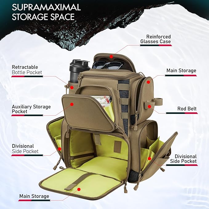 Piscifun Fishing Tackle Backpack with 4 Trays, Large Outdoor Storage Tackle Bag with Protective Rain Cover for Fishing Gear