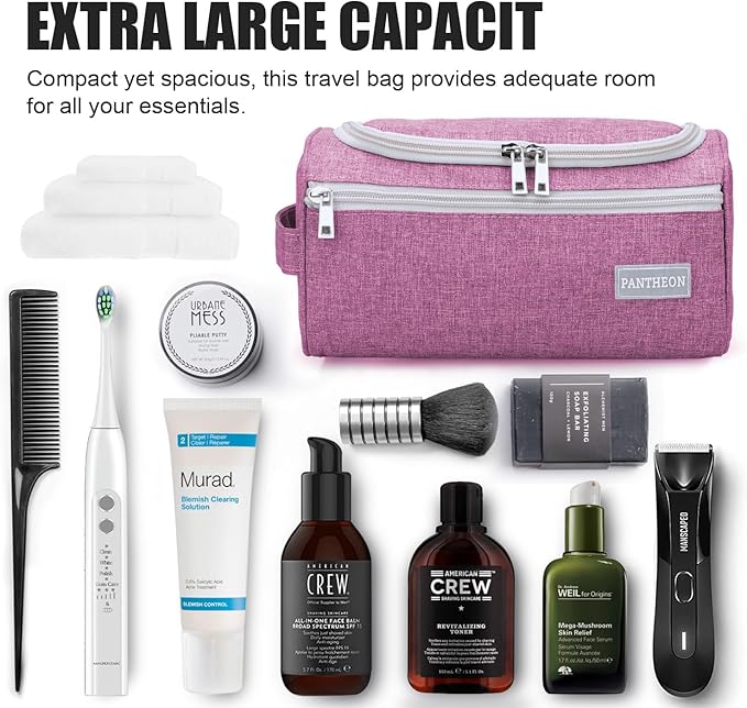 Pantheon Men's Toiletry Bag - Travel Toiletry Bag Wash Bag Hanging Dopp Kit Shaving Kit for Bathroom Shower - Mens Travel Bag Hanging Toiletry Organizer Toiletry Kit for Traveling (Pink)