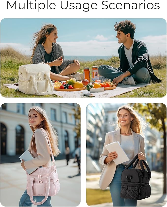 BAGSMART Lunch Bag Women, Double Deck Insulated Lunch Box, Quilted Puffer Lunch Tote, Leakproof, Durable & Reusable Large Lunch Cooler For Work Picnic Travel Meal Prep, Pink