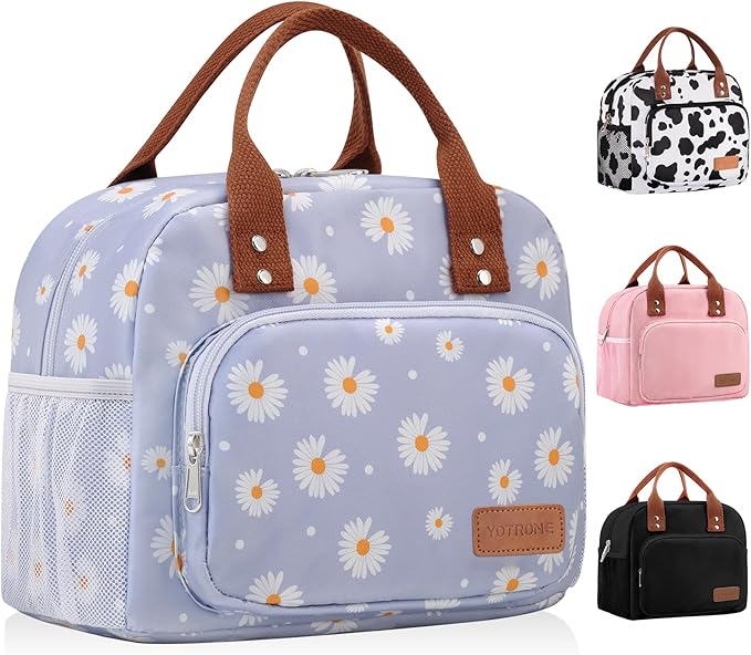 Lunch Bag Women,Insulated Lunch Box Lunch Bag for Women Men Work Adult Cute Small Lunch Tote Bag, Large Capacity Reusable Cooler Containers for Travel Picnic Office or Beach(Blue Daisy)