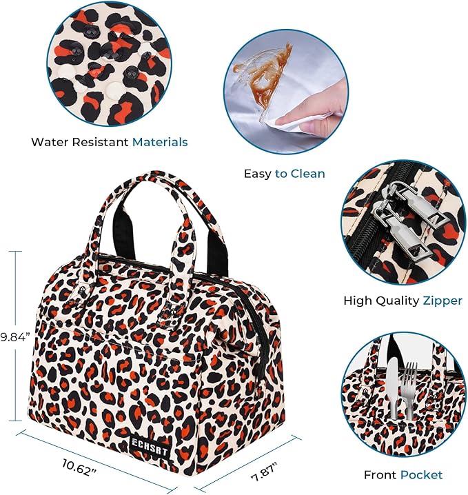 ECHSRT Large Insulated Lunch Bag for Women Men Leakproof Cooler Lunch Tote Bags for Work Travel Adult Thermal Lunchbox for Office -10L Leopard Print
