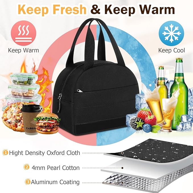 Lunch Box For Women, Insulated Lunch Bag Waterproof Lunch Box Lunch Tote Bag Large Capacity Reusable Insulated Cooler for Work Office Camping Travel, Fits 9 x 7 inch (Black)