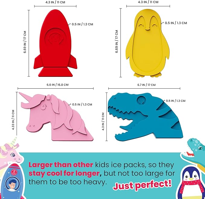 Multicolored Slim Ice Packs for Kids - 4-Pack, Long-Lasting - Reusable for Lunch Boxes, Bags & Coolers - Penguin, Spaceship, Dinosaur, Unicorn