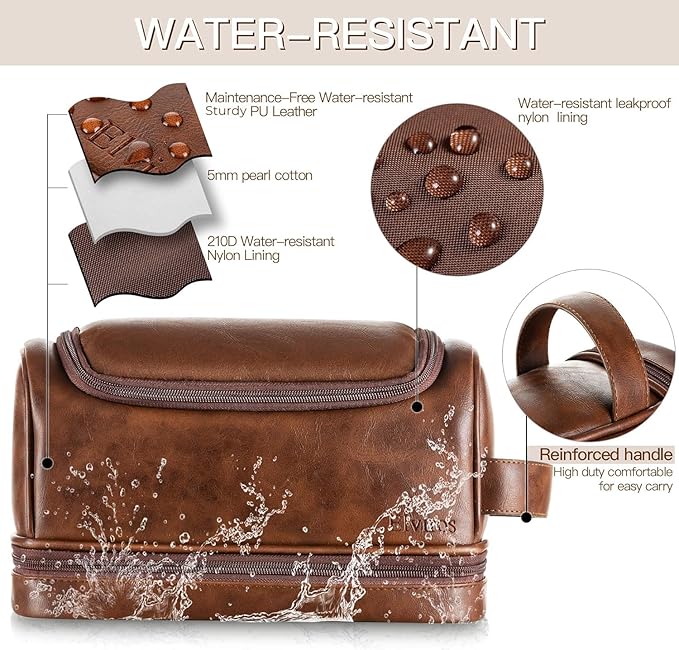 Elviros Toiletry Bag for Mens PU Leather Travel Organizer Kit with Hanging hook, Large Water-resistant Toiletries Bathroom Shaving Bags (Extra Large, Dark Brown)